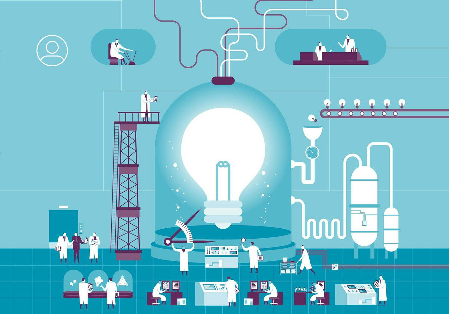 Cartoon image of lightbulb with people in a lab